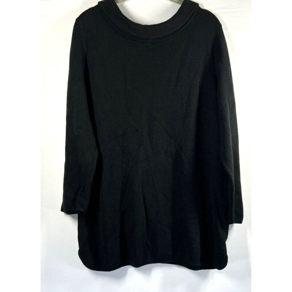 Talbots Sweater 1X Black Pullover 3/4 Sleeve Knit Cotton Blend‎ Rolled Collar